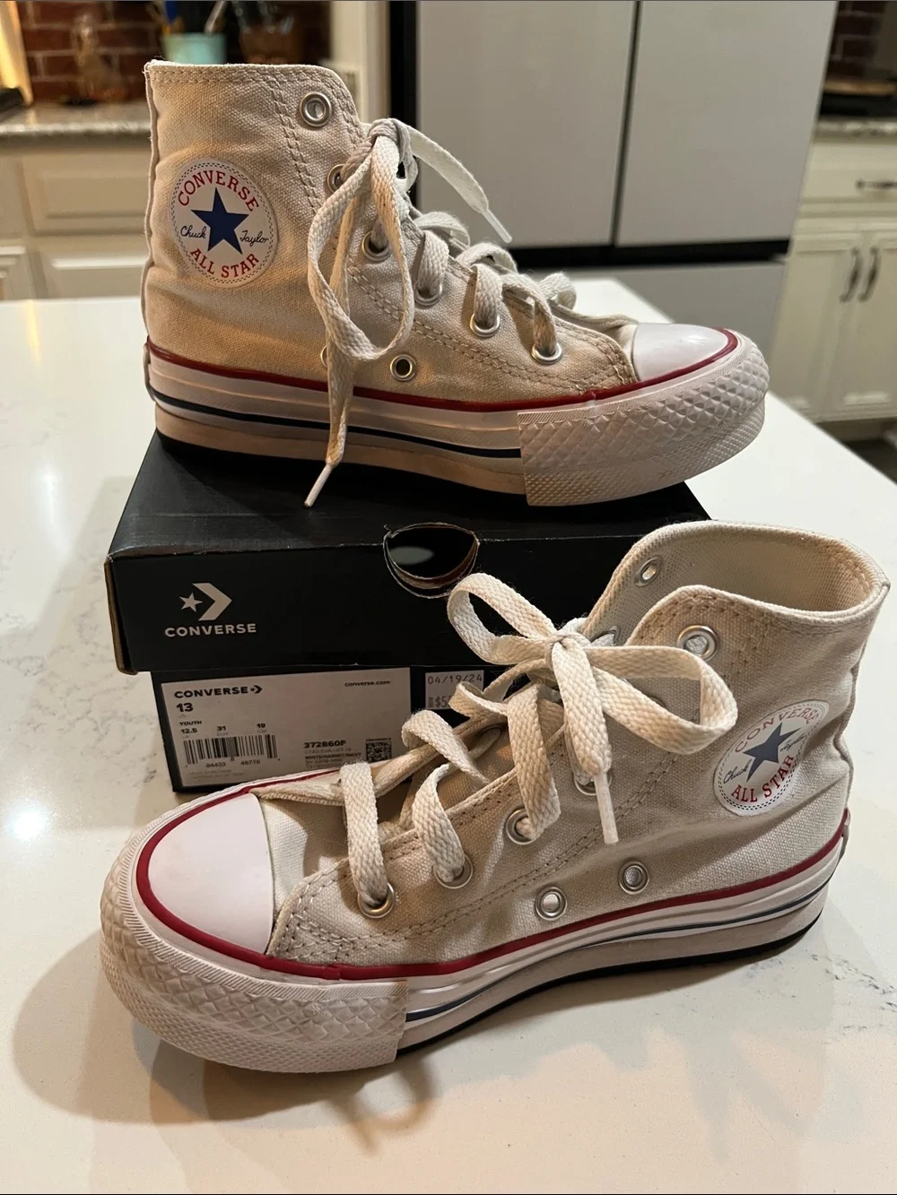 Converse High Top Sneakers - Cream with Red & Blue Trim